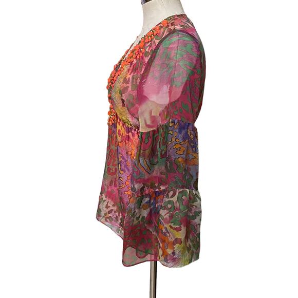 Boston Proper Beaded Long Sleeve Boho Blouse in Multicolor Leopard Print Small - Picture 2 of 9